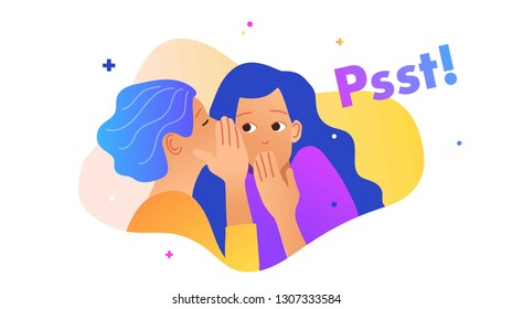 Two girls gossiping vector illustration. One excited girl whispers secret to girlfriend. Psst text.