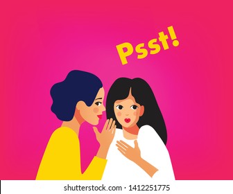 Two girls gossiping vector illustration. One excited girl whispers secret to girlfriend.