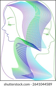 two girls gradient line art on white background.