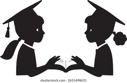 Two girls with graduation caps are reading a book. It represents education, learning, and future success.