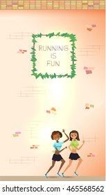 two girls in a green and  blue T-shirt running near the  tall wall.
