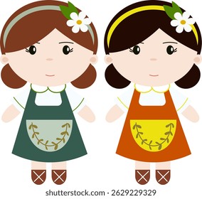 two girls in green and orange clothes vector