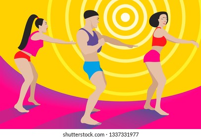 Two girls and a guy in bright clothes are dancing modern dance. Vector illustration.