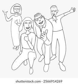 Two girls and two guys pose for the camera. A company of people is having fun. Cartoon black and white vector illustration.