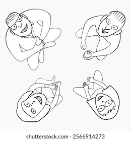 Two girls and two guys are sitting in a circle and looking up. A company of people is having fun. Cartoon black and white vector illustration.