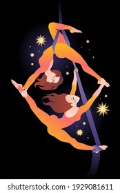 Two girls gymnasts on air silk against the background of the night sky and stars. Simple color vector illustration on a dark background.