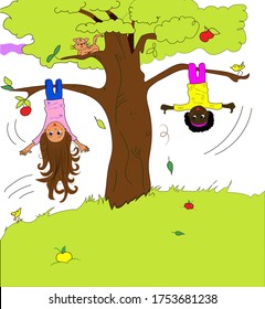 two girls hang upside down from tree  Vector  