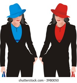 two girls in hat on vector over white background