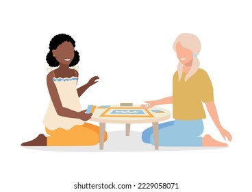 Two girls have fun playing a board game together. Games for learning and development. Vector illustration isolated on white background.