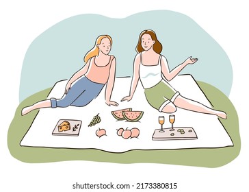 Two girls have a picnic, friends chat. Picnic in nature, summer holiday. Women sitting on a blanket. Vector hand drawn illustration.