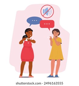 Two Girls Having A Conversation Using Sign Language. One Girl Wears Red Dress, And The Other Is In A Yellow Dress. Character Standing With Speech Bubbles And No Sound Symbol Above. Vector Illustration