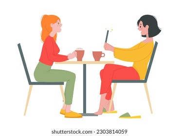 Two girls having fun in a cafe. Flat illustration of a young woman taking photo of her girl friend isolated on a white background. Vector 10 EPS.