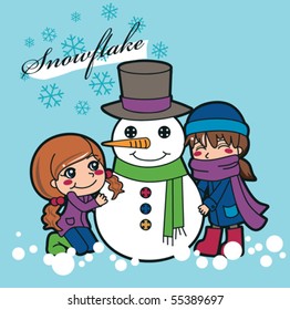 Two girls having fun making a cute snowman outdoors