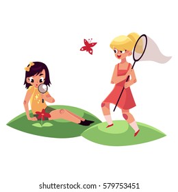 Two girls having fun in summer, one catching butterflies, another studying flowers, cartoon vector illustration isolated on white background. Entomologist and botanist girls on summer vacation