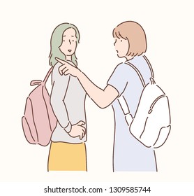 Two girls are having fun with their bags. hand drawn style vector design illustrations.