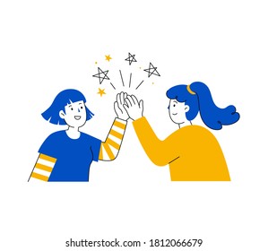 Two girls having high five, concept of friendship and teamwork, illustration in flat design isolated on white background