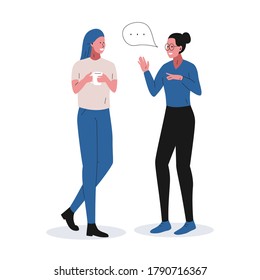 Dos chicas conversando bien. Ilustración vectorial de dos mujeres sonrientes paradas y comunicándose sobre algo. Concepto de comunicación en el trabajo, en la oficina, descanso para el almuerzo en la oficina 