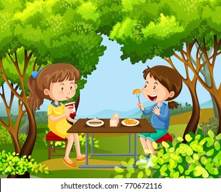 Two girls having picnic in the woods illustration