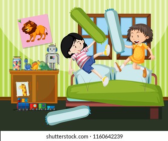 two girls having a pillow fight illustration