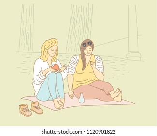 Two girls having rest, sitting on ground in the park. Hand drawn vector illustration, isolated.