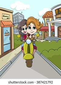 Two girls having a ride on a motorcycle through a town - vector illustration 