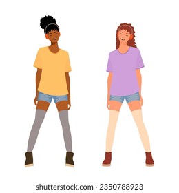 Two girls in headphones listen to music. Fashion for teenagers. Young women sing. Cartoon flat style. Vector illustration
