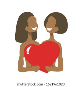 Two girls and heart isolated on white background. Gay couple. African Valentines Day vector illustration. LGBT pride sign. Gay pride symbol. Flat design.