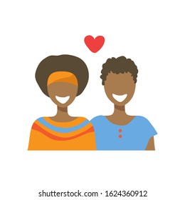 Two girls and heart isolated on white background. Gay couple. African Valentines Day vector illustration. LGBT pride sign. Gay pride symbol. Flat design.