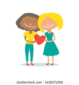 Two girls and heart isolated on white background. Gay couple. African Valentines Day vector illustration. LGBT pride sign. Gay pride symbol. Flat design.