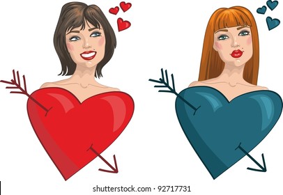 Two girls with hearts and arrows. Valentine's Day