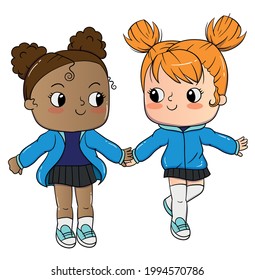 
Two girls hold hands, friendship. Interracial friendship. African girl and European. Vector. Isolated from the background.