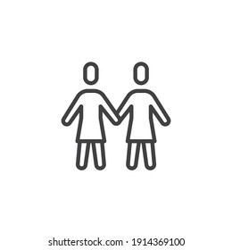 Two girls hold hands line icon. linear style sign for mobile concept and web design. Lesbians, girlfriends outline vector icon. Symbol, logo illustration. Vector graphics