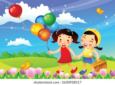 Two girls holding balloons in a field.