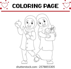 two girls is holding fruit pail vegetables coloring page for kids