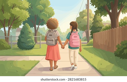 Two girls holding hands walking to school on suburban sidewalk with backpacks, back to school friendship illustration