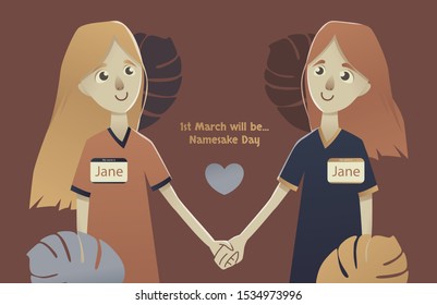 Two girls holding hands. Two women - friends. Two people with the same name - Namesake. Card for Namesake Day.