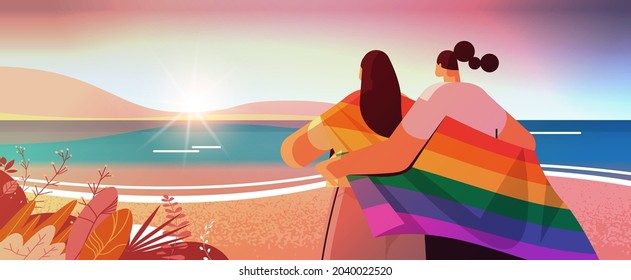 two girls holding lgbt rainbow flag gay lesbian love parade pride festival transgender love concept