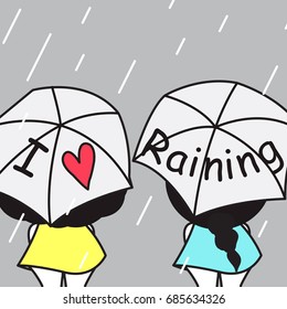 Two GIrls Holding Umbrella With Words And Heart Icon I Love Raining Concept Card Character illustration
