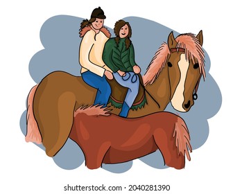 Two girls and horse with foal, simple illustration colorful flat design