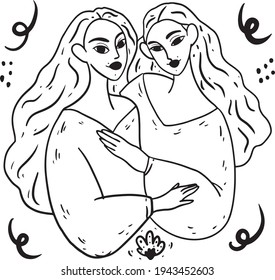 Two girls hug each other. black and white outline, outline drawing. Love, female friendship.