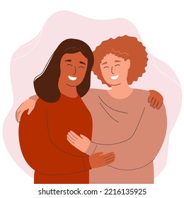 Two girls hug each other, smile. The concept of female friendship, lesbian relationships, equal rights. Vector graphics.