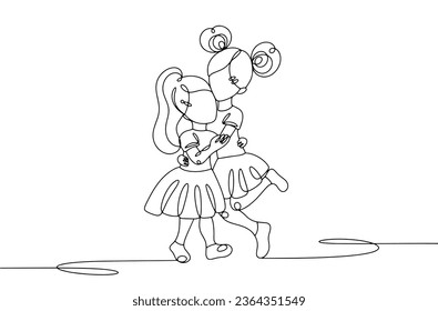 Two girls hug each other. Children's joy. International Day of the Girl Child. One line drawing for different uses. Vector illustration.