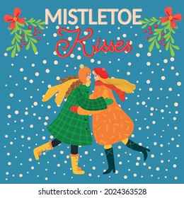 Two Girls Hug, Kiss Under The Mistletoe, Gay, Lesbian Couple Congratulate Each Other On The Winter Holidays. Christmas And Happy New Year Illustration. Trendy Retro Style, Design Template.