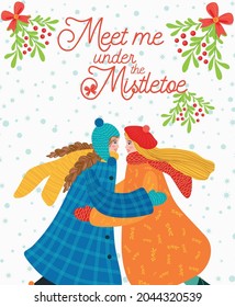 Two Girls Hug, Kiss Under The Mistletoe, Gay, Lesbian Couple Congratulate Each Other On The Winter Holidays. Christmas And Happy New Year Illustration. Trendy Retro Style, Design Template.