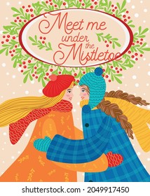 Two Girls Hug, Kiss Under The Mistletoe, Gay, Lesbian Couple Congratulate Each Other On The Winter Holidays. Christmas And Happy New Year Illustration. Trendy Retro Style, Design Template.