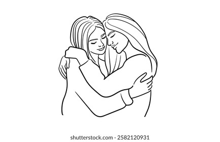 Two girls hugging, continuous line drawing. Support, empathy, friendship. Vector illustration isolated on white background