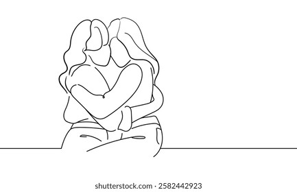 Two girls hugging, continuous line drawing. Support, empathy, friendship. Vector illustration isolated on white background