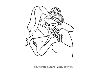 Two girls hugging, continuous line drawing. Support, empathy, friendship. Vector illustration isolated on white background