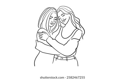 Two girls hugging, continuous line drawing. Support, empathy, friendship. Vector illustration isolated on white background