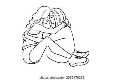 Two girls hugging, continuous line drawing. Support, empathy, friendship. Vector illustration isolated on white background